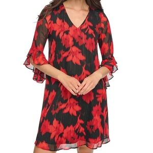 Calvin Klein Floral Red Black Print Bell Sleeve Shift Dress Women’s Size 4 NWT
